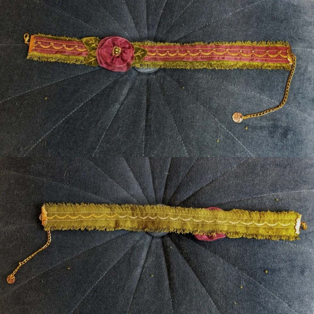 Handmade Jewel Tone Rosette Plum and Olive Green Chiffon & Velvet Floral Choker - Picture 10 of 10
